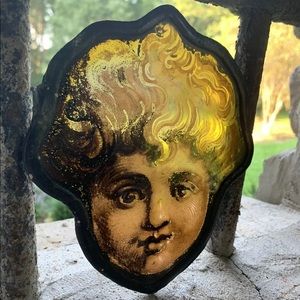 Antique 19 C German Hinterglasmalerei Cherub Face